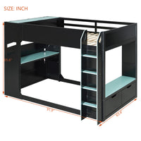Triple Tree Full Size Wood Loft Bed with Height-adjustable Desk,Drawers,Storage Compartments,Hanging Rod and RGB Lights,Blue