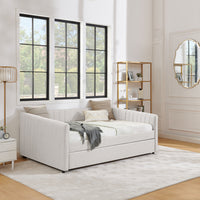 Triple Tree Full Size Daybed with Trundle Upholstered Sofa Bed, with Vertical Stripes, Linen Fabric, Beige (82.5"x58"x30")