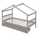 Twin Size Platform Bed, Wood House Bed with 2 Drawers and Roof for Kids Teens Adults, Montessori Bed Frame with Headboard and Footboard for Bedroom, Can be Decorated, No Box Spring Needed, Gray