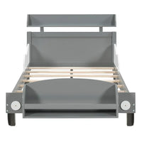 Twin Size Car-Shaped Platform Bed,Wood Platform Bed Frame with 2 Storage Shelf,Storage Platform Bed with Headboard and Footboard for Kids Teens,Gray