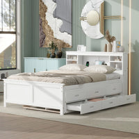 Full Size Platform Bed with Twin Size Trundle,Platform Bed Frame with Storage Headboard,USB and 3 Drawers,White