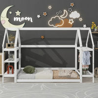 Twin Size Floor Bed for Children, Wooden Montessori Bed Frame with 2 Detachable Stands and Roof Frame, House-Shaped Bed Low Tent Bed for Girls Boys and Teens, White