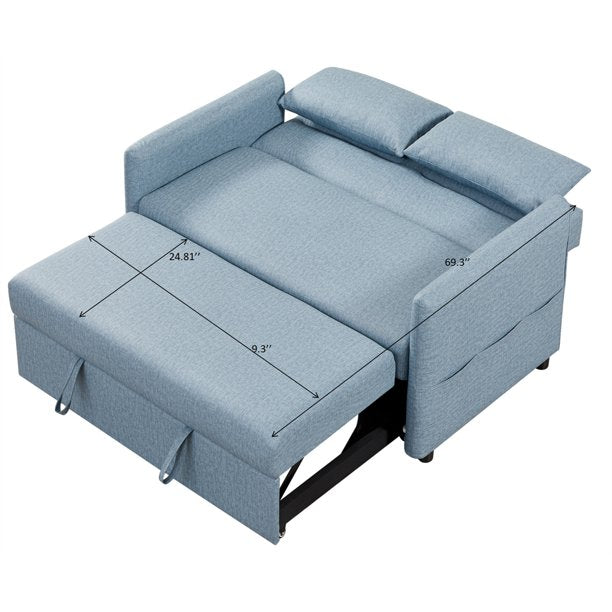 Convertible Sleeper Sofa,Leather Loveseat Sleeper Pull Out Sofa Bed Convertible Sofa Sleeper with Adjustable Backrest,2 Pillows,Side Pockets,Multi-Function Loveseat Couch for Living Room Office,Blue