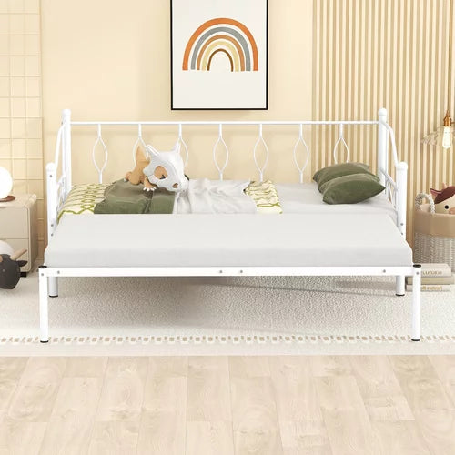 Twin Size Metal Frame Daybed with Pullout Trundle, Heavy Duty Steel Slat Support Sofa Bed for Guest, Furniture for Kids Teens and Adults, Bed Frame for Bedroom Living Room, No Spring Box Needed, White