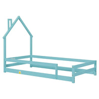 Twin Size Floor Bed, Wooden Montessori Bed Fence Bed with House Shape Headboard, Wood House Bed Platform Bed, for Boys Girls, Low to Ground Height, No Box Spring Needed, ight Blue