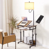 Mobile Standing Desk, Portable Stand Up Desk with USB Outlets, Adjustable Height Small Standing Desk with Floor Lamp, Rolling Home Office Laptop Cart with Wheels, Computer Desk (Antique brown)