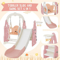 Toddler Slide and Swing Set, 4-in-1 Kids Slide with Height Adjustable Swing, Basketball Hoop and Climber Stairs, Toddler Playground Toddler Playset for Indoor Outdoor, Pink and White