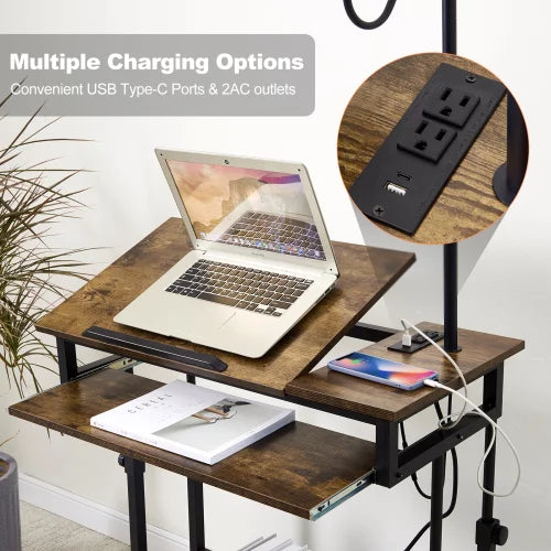 Mobile Standing Desk, Portable Stand Up Desk with USB Outlets, Adjustable Height Small Standing Desk with Floor Lamp, Rolling Home Office Laptop Cart with Wheels, Computer Desk (Antique brown)