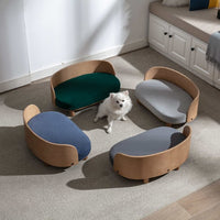 Modern Elevated Dog Cat Bed Pet Sofa with Solid Wood Legs and Bent Wood Back, Velvet Cushion, Sofa-Style Pet Beds for Small/Medium/Large Dogs & Cats, for Indoor, Green