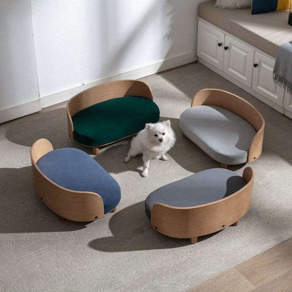 Modern Elevated Dog Cat Bed Pet Sofa with Solid Wood Legs and Bent Wood Back, Velvet Cushion, Sofa-Style Pet Beds for Small/Medium/Large Dogs & Cats, for Indoor, Green
