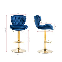 Bar Stools Set of 2, Velvet Upholstered Counter Height Barstools with Soft Cushions & Footrest & Gold Metal Base, Swivel Height Adjustable Dining Chairs for Kitchen Island, Living Room, Blue