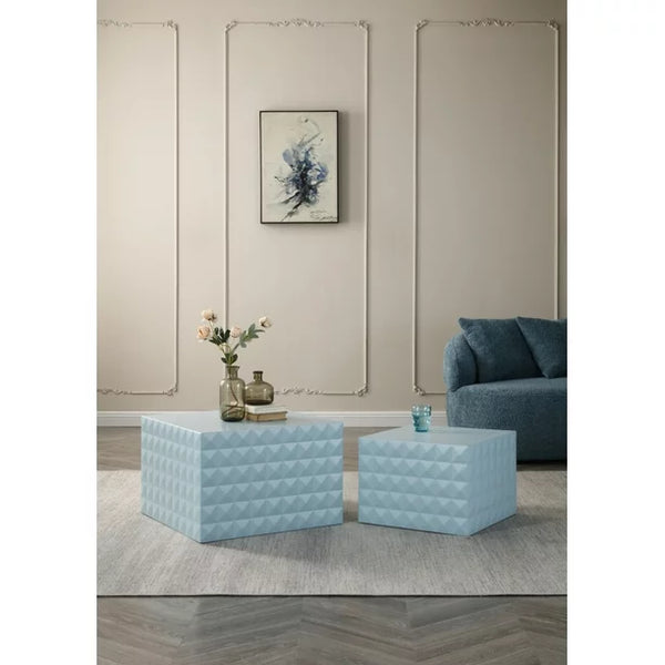 Square Dining Table Set of 2, Nesting Table Side Tables Makeup Tables Coffee Table with One Big & One Small Tables, Handcrafted Relief Nightstands End Table for Bedroom, No Need Assembly, Light Blue
