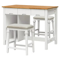 Stationary Rubber Wood Kitchen Island Set with 2 Dining Stools, Modern Farmhouse 3 Pieces Dining Table Set with 2 Shelves and 3 Drawers, for Small Places, Home, 45", White