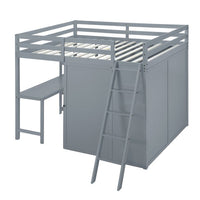 Full Size Loft Bed with Desk and Wardrobe, Solid Wood Loft Bed Frame with Inclined Ladder and Full-Length Guardrail, Loft Bed with Desk and Storage for Kids Teens Girls Boys Bedroom Dorm, Gray