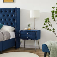 King Size Velvet Upholstered Bed Frame with Two Nightstands, Button Designed Headboard, Strong Wooden Slats, Metal Legs with Electroplate, No Box Spring Needed