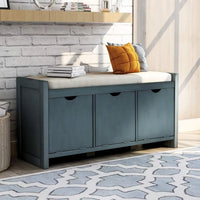 Storage Bench Upholstered Storage Bench with Flip Lock Storage Cubbies and Removable Cushion, Wood Entryway Shoe Bench for Hallway, Entryway, Bedroom and Living Room, Gray Wash