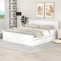 Modern King Size Wooden Platform Bed with 4 Storage Drawers, Solid Wooden Platform Bed Frame with Headboard and Support Legs , Storage Bed with Storage, for Any Bedroom, No Box Spring Needed, White