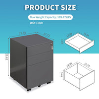 3 Drawer File Cabinet with Lock, Steel Mobile Filing Cabinet on Anti-tilt Wheels, Small Rolling Locking Office Cabinets Under Desk for Legal/Letter/A4/F4 Size, Fully Assembled, Gray