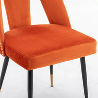 Velvet Dining Chair Set of 2, Contemporary Velvet Leisure Chair with Nailheads and Gold Tipped Black Metal Legs, Nailheads Dining Chair,Contemporary Side Chairs, for Dining Room Living Room, Orange