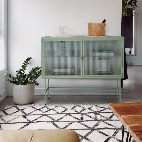 Retro Buffet Sideboard Storage Cabinet with Metal Frame & Fluted Glass Sideboard Buffet with Removable Shelves,Modern Console Table End Table Side Table for Kitchen Living Room Entryway,Mint Green