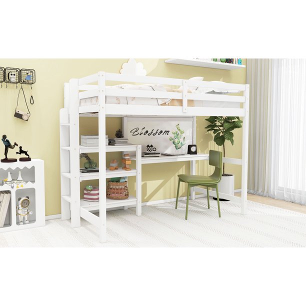 Twin Size Loft Bed with Under-Bed Desk and Writing Board, Multifunctional Loft Bed with 3-Tier Shelves and Ladder, Wooden Loft Bed Frame with Support Slats for Bedroom,Weight Capacity 300lbs