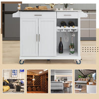 Kitchen Cart with Stainless Steel Top & Storage Cabinet, Mobile Kitchen Island Cart on Wheels with Two Drawers & Goblet Holder & Wine Rack & Spice Rack & Towel Holder, 51Lx18Wx37H Inches, White