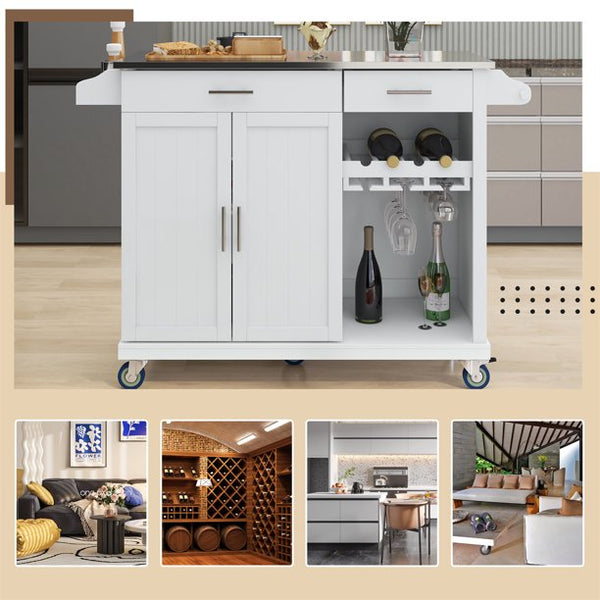 Kitchen Cart with Stainless Steel Top & Storage Cabinet, Mobile Kitchen Island Cart on Wheels with Two Drawers & Goblet Holder & Wine Rack & Spice Rack & Towel Holder, 51Lx18Wx37H Inches, White