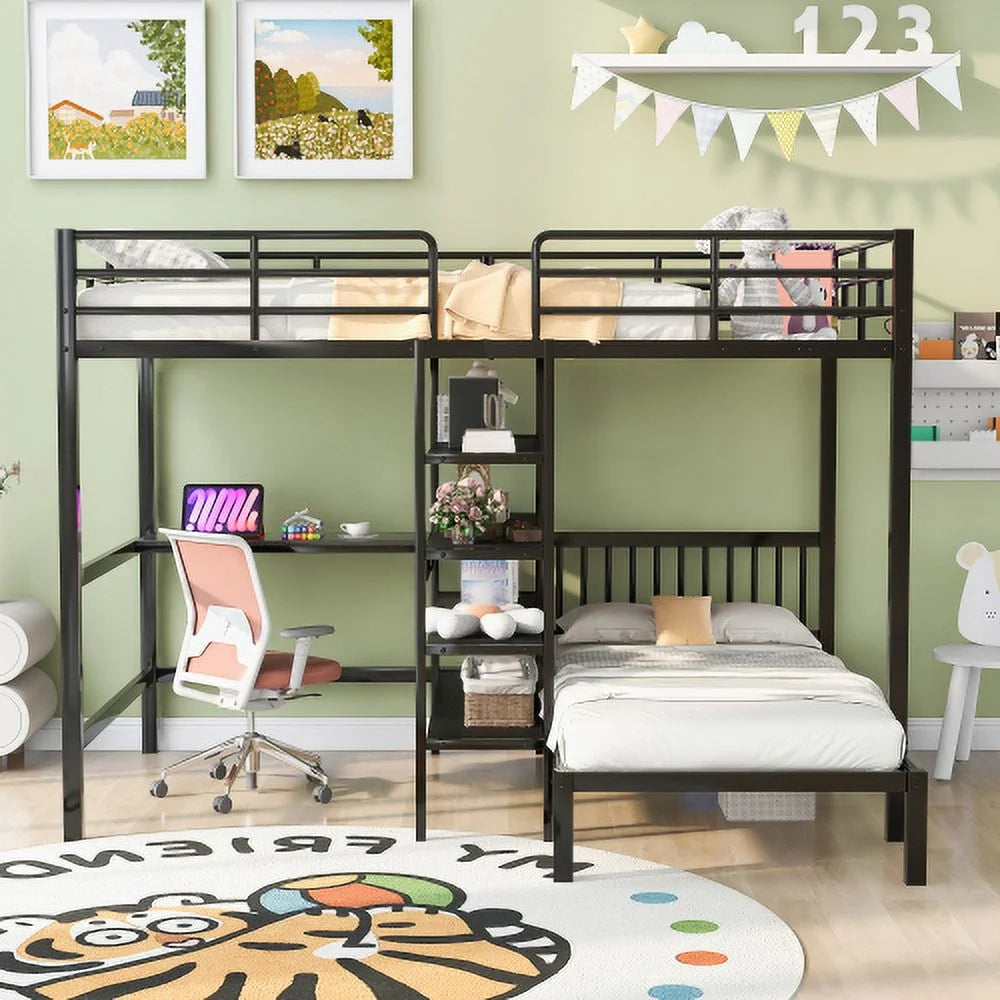 Full Over Twin Metal Bunk Bed, L Shaped Loft Bed Frame with Built-in Desk, Shelves and Ladder, Bunk Bed with Desk, Full Over Twin Bunk Bed, Twin Over Full Bunk Beds (Black)
