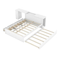 Full Bed Frame with Drawers and Twin size Trundle, Full Size Platform Bed with Extended Storage Headboard and Rolling Shelf, Wooden Frame and Slats Support, White
