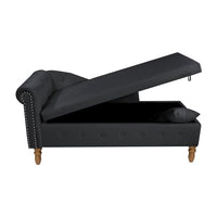 Velvet Upholstered Chaise Lounge, Indoor Lounge Chair with Storage & Pillow, Modern Rolled Arm Chase Lounge with Nailhead Trim, for Living Room, Bedroom, Office, Black