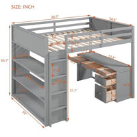 Full Size Loft Bed with Desk, Wood Loft Bed Frame with 5 Storage Drawers, 3 Tiers Shelves and Safety Guardrails, High Bed with Side Ladder for Boys Girls Teens Adults, No Box Spring Needed, Grey