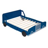 Full Size Car-Shaped Platform Bed, Modern Kids Bed with Wheels Rails, No Box Spring Required Fit 6" Mattress 400Lbs Load 77.2"L x 55.9"W x 29.9"H, Blue