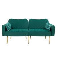 Velvet Loveseat Sofa Couch with Adjustable Backrest,Upholstered Accent Sofa with 2 Bolster Pillows and Metal Legs,Living Room Sofa Couch for Small Space Office,Green