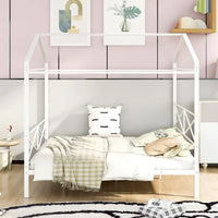 Queen Size House Bed for Kids Boys Girls, Metal Montessori Bed Frame with Headboard and Footboard, Easy Assembly, White