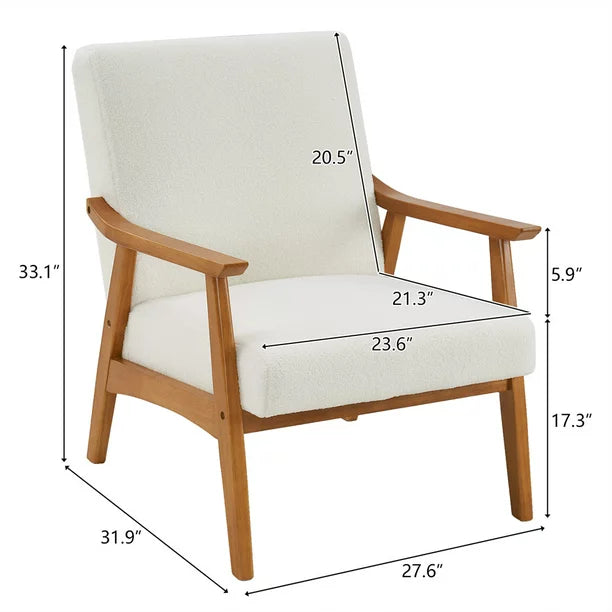 Teddy Fleece Living Room Chair, Modern Accent Chair with Solid Wood Armrest and Padded Seat, Upholstered Armchair for Bedroom Living Room Dorm, Creamy-White