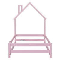 Twin Size Floor Bed Wooden Montessori Floor Bed with House-Shaped Headboard and Fence Guardrails Twin Bed Frame for Girls and Boys, No Weight Limit, Pink