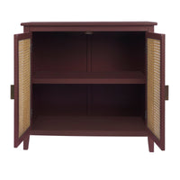 Rattan Cabinet,2-Tier Buffet Sideboard,Accent Storage Cabinet with 2 Rattan Doors,Farmhouse Sideboard with Adjustable Shelves,Natural Wood Side Cabinet Entryway Table for Living Room Bedroom,Red
