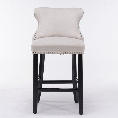 Bar Stools Set of 2, Leisure Style Bar Chairs, Contemporary Velvet Wingback Bar Stools with Button Tufted Decoration, Wooden Legs and Chrome Nailhead Trim, 2 PCS Dining Chairs, Beige