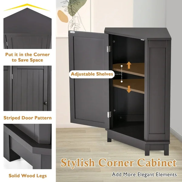 Bathroom Cabinet, Triangle Corner Storage Cabinet with Adjustable Shelf, Modern MDF Board Bathroom Storage Cabinet, Freestanding Small Cabinet with Solid Wood Legs for Bathroom and Living Room,Black