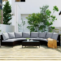 Outdoor 5-Piece Half-Moon Sectional Furniture Set, Patio Curved Sofa Set, All-Weather PE Rattan Wicker Conversation Set with Tempered Glass Table 8 Pillows 4 Cushions for Garden Backyards Pools, Gray