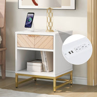 Nightstand with USB Charging Station,Modern Accent End Table with Natural Wood Finish Drawer,Sofa Side Table Storage Cabinet with Metal Legs and Handle,Bedside Table for Bedroom Living Room,White