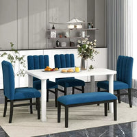 6-Piece Dining Table Set for 6 People, Wooden Kitchen Table Set with Marble Veneer Table and 4 Flannelette Upholstered Dining Chairs & Bench, Rustic Style Family Furniture, for Kitchen, Blue