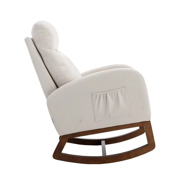 Rocking Armchair, Accent Chair with Headrest, Side Pockets and Wood Base, Living Room Chair for Adults, Weight Capacity 300 Pounds, Beige