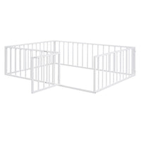 Full Size Floor Bed for Kids and Toddlers, Metal Montessori Floor Bed with 21.7" High Full-Length Fence and Door, Safety Montessori Bed Frame for Kids Girls and Boys, No Slats Supports, White