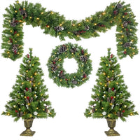 Pre-lit Artificial Xmas Tree Christmas 4-Piece Set, Christmas Garland, Wreath and Set of 2 Entrance Trees X-mas with LED Lights, Christmas Tree Celebrating Set, for Home Front Door, Porch, Green