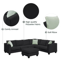112''L x 87'' Modular Sectional Sofa, 7 Seats L-Shape Couches with Ottoman and 3 Pillows, Modern Fabric Upholstered Corner Sofa for Living Room, Black
