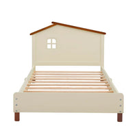 3-Pieces Bedroom Sets, Twin Size Platform Bed Nightstand and Rotating Storage Shelf for Kids Teens, Wooden Bedroom Furniture Set with Twin Bed, One Nightstands, One 4 Layers Bookhelf, Cream+Walnut