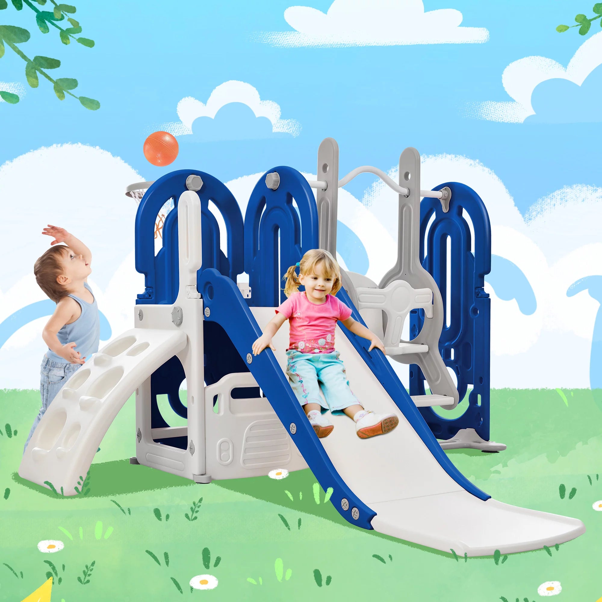 5 in 1 Toddler Swing and Slide Set with Climber Kids Playground Climb tripletreebrands