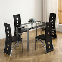 5 Pieces Dining Table Set, 43" Kitchen Table with Tempered Glass Tabletop & 4 PU Padded Dining Chairs, Modern Dining Table Set for 4 with Stainless Legs, Black