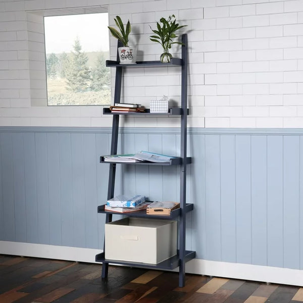 5 - Tier Ladder Shelf,Wood Open Storage Shelves,Freestanding Ladder Bookshelf for Home Office,Living Room,Bedroom,Navy Blue